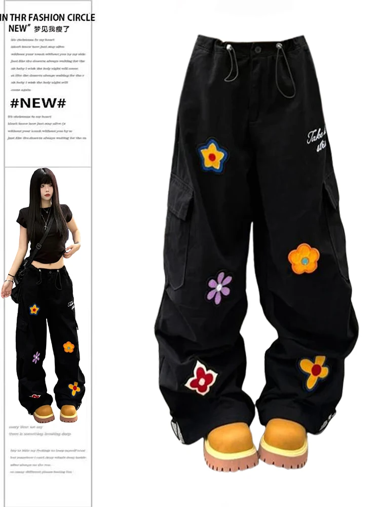 

2025 Autumn Winter Women's Denim Pants Y2K Cargo Jean Harajuku Embroidery Cowboy Japanese Wide Fit Baggy Jeans High Quality