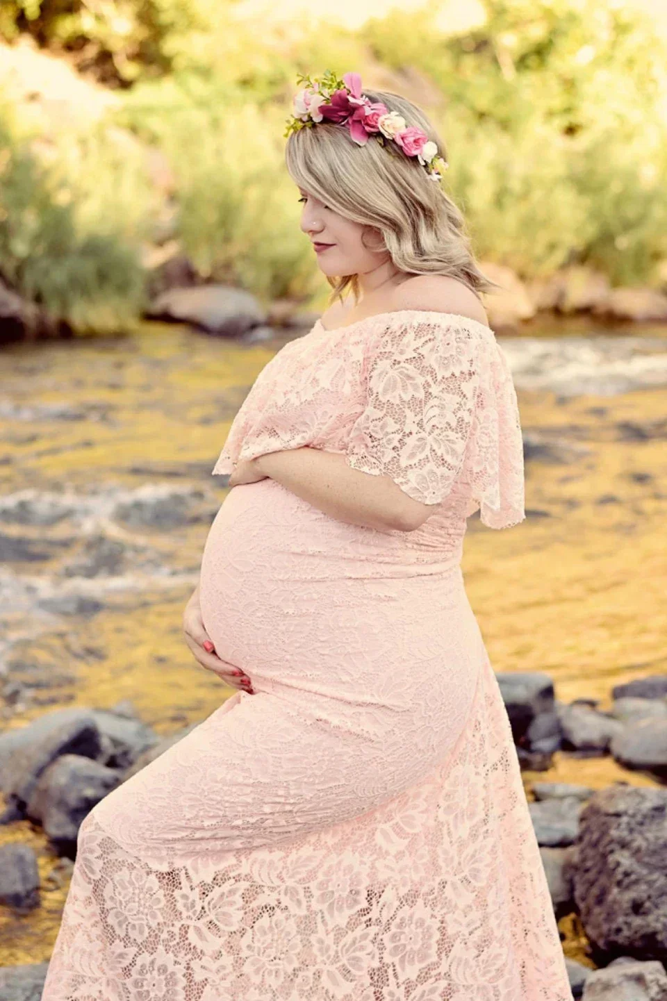 출산 드레스 레이스 워드 칼라 베어 어깨 여름 임신 맥시 가운 임신 한 여성 사진 소품 촬영 의류 새로운