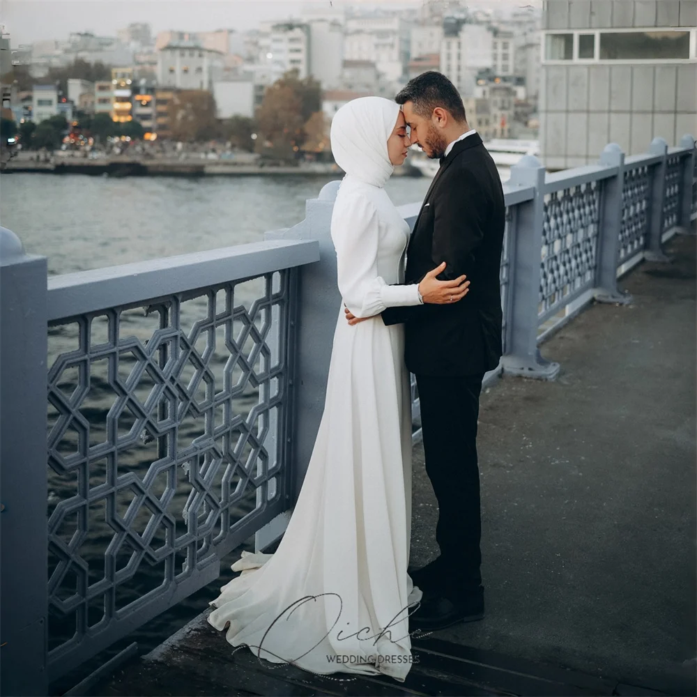 QICHE Bescheiden Lange Mouw Moslim A-lijn Trouwjurken Voor Vrouwen 2026 Plooi Civiele Party Gown Vestidos De Novia Aangepaste