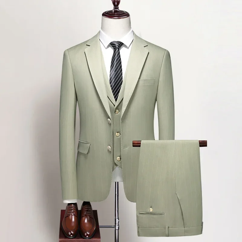 Mens Casual (suit + Vest + Trousers) Wedding Suit Three-piece Fashion Boutique with Solid Color Slim-fit Dress Suit