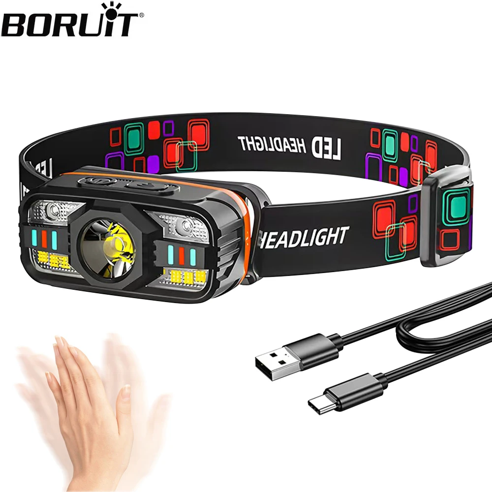 BORUiT Sensor LED Headlamp 90° Rotatable Type-C Rechargeable Waterproof Headlight Powerful Torch for Camping, Fishing & Work
