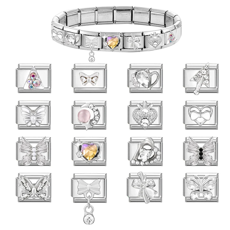 Zircon Butterfly Heart Bow Knot  Moon Shiny DIY Italian Charm Links Fit 9mm Stainless Steel Bracelet Women Jewelry Making Gifts