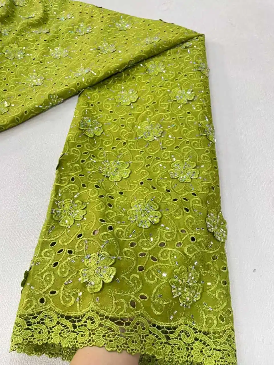 

African Nigerian High-Quality Beaded Embroidery Lace Fabric Tulle with Stones Guipure Water-Soluble 5 Yards for Wedding Dresses