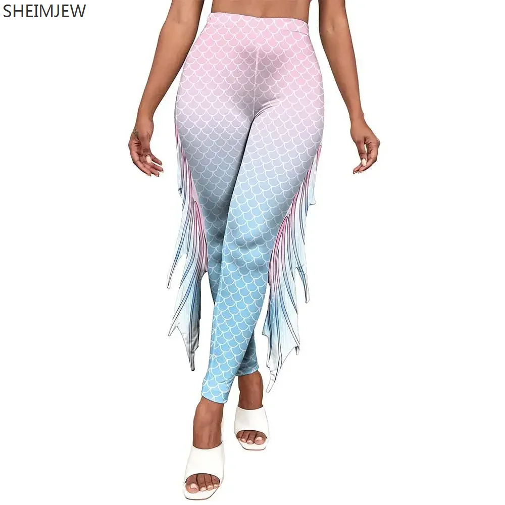 Mermaid Cosplay Pants Fish Scales Printed Leggings Woman Sexy Workout Trousers Ladies Casual Elastic Bottom