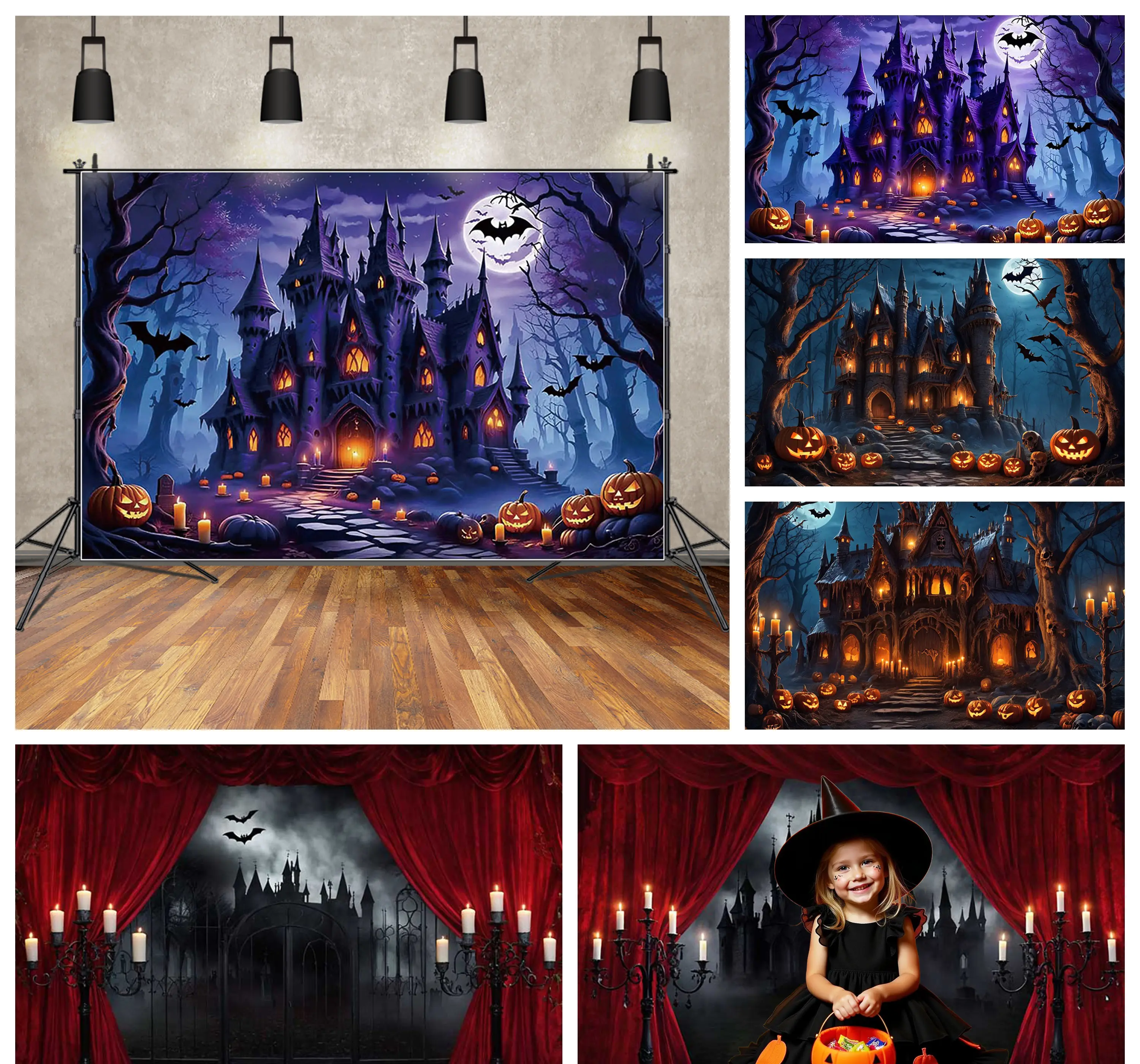 

MOON.QG Halloween Night Photography Backdrops Curtain Forest Castle Pumpkin Photo Background Shooting Props Shooting Accessories
