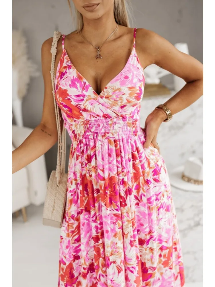 Neue Sommer Sexy Backless Hosenträger V-ausschnitt Kleid Frauen Fashion Floral Print Ärmellose Urlaub Strand Party Kleider Süße Casual