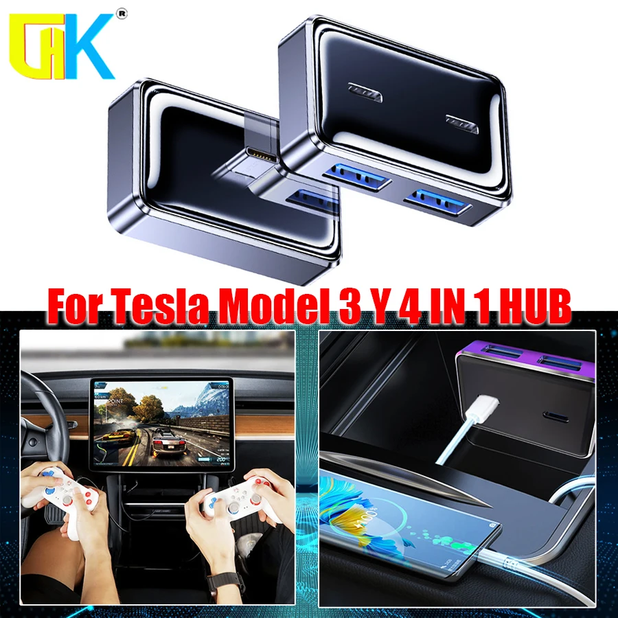 For Tesla Model 3 Y 4 IN 1 HUB 27W Quick Charger Intelligent Docking Station USB Shunt Hub 4 Ports TYPE-C Output Plug Converter