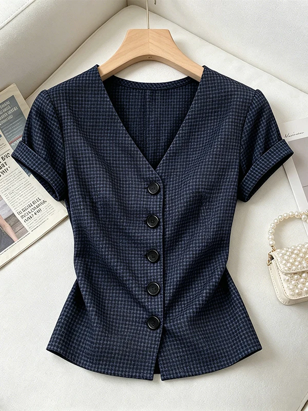 

Slimming Plaid Shirt Women's V-neck Short Sleeve Waist-cinching Korean Style Commute Fashion Summer New Arrival