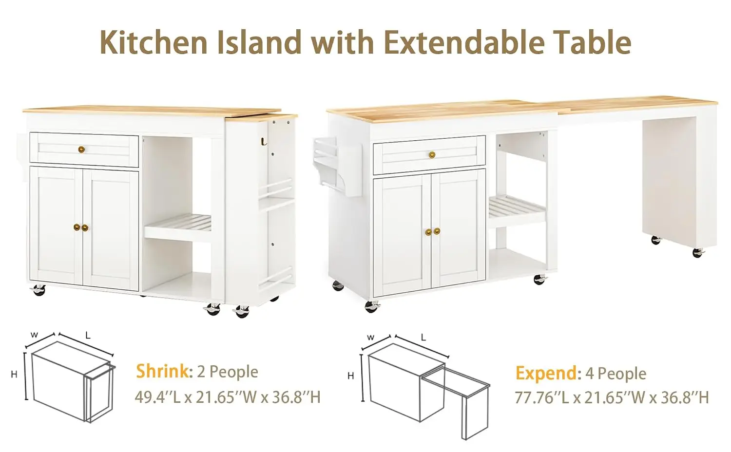 78'' Rolling Kitchen Island with Extendable Table for 4, Mobile Cart w/Pull Out Table, Drawer, 2-Tier Shelf, Hooks, Customized