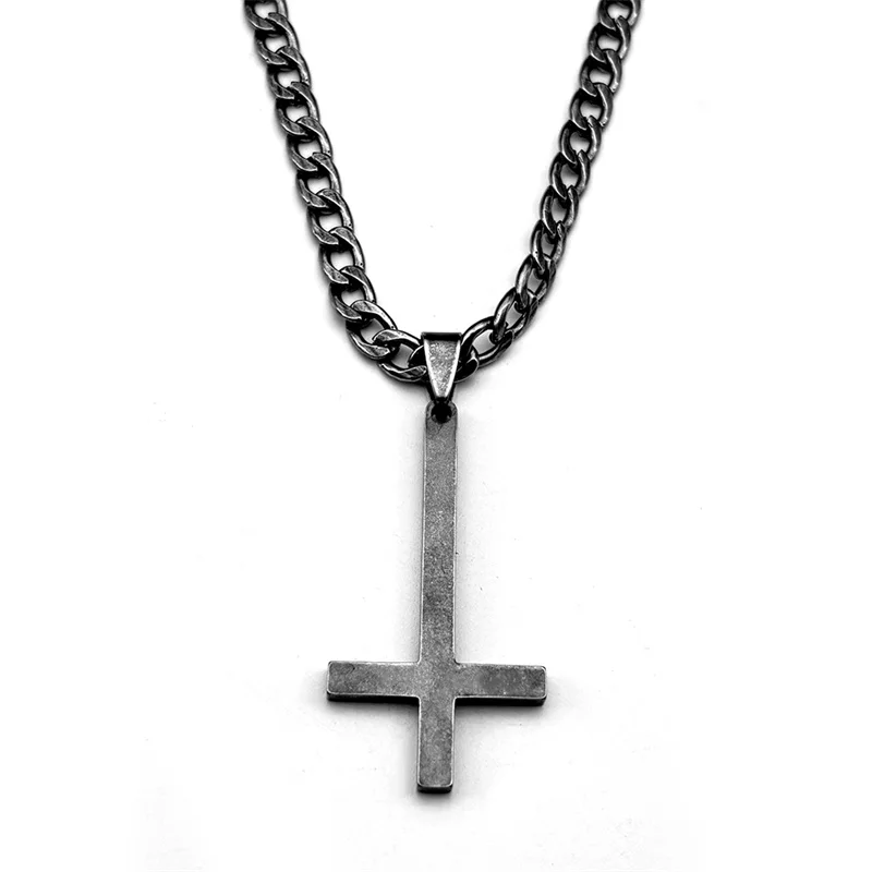 Stainless Steel Upside Down Cross Witchcraft Pagan Necklace for Women Men Inverted Cross Black Hip Hop Chain Necklace Jewelry