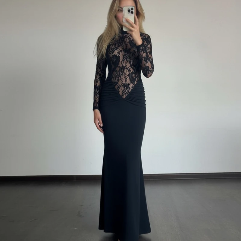 TARUXY Sexy Lace Slim Dress Women's High-Necked Cutout See-Through Long-Sleeved High-Waisted Dress Elegant Autumn Dress Female