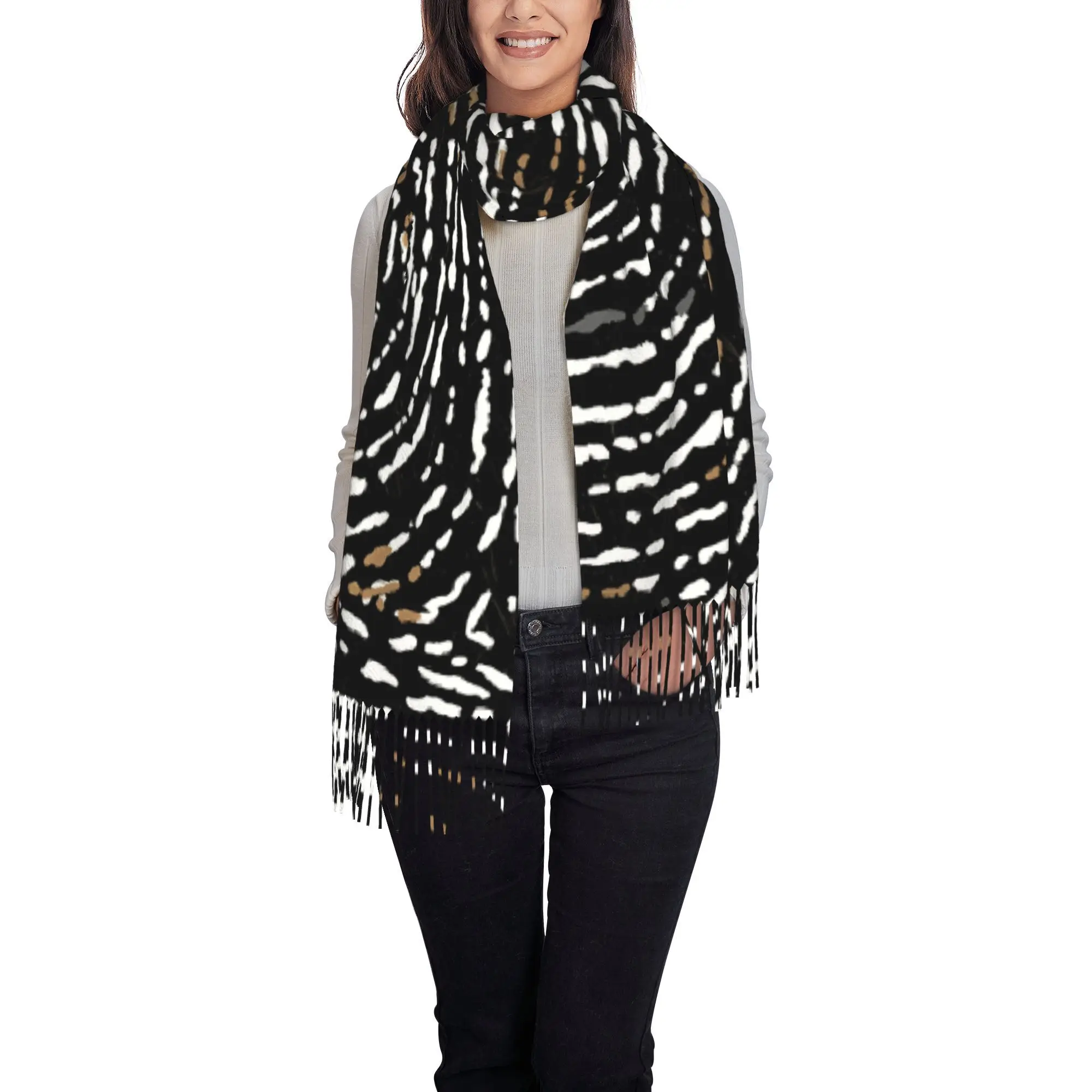 1pc Bantu Lines Abstract Tribal Fingerprint Pattern in Black & White Soft and Warm Scarf, Suitable for Autumn, Winter