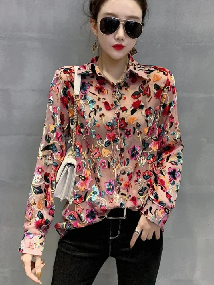 

Mesh Printed Shirt 2024 New Fashion Vintage Loose Long Sleeve Base Top Floral Design Office Plus Size Sexy Shirts Women