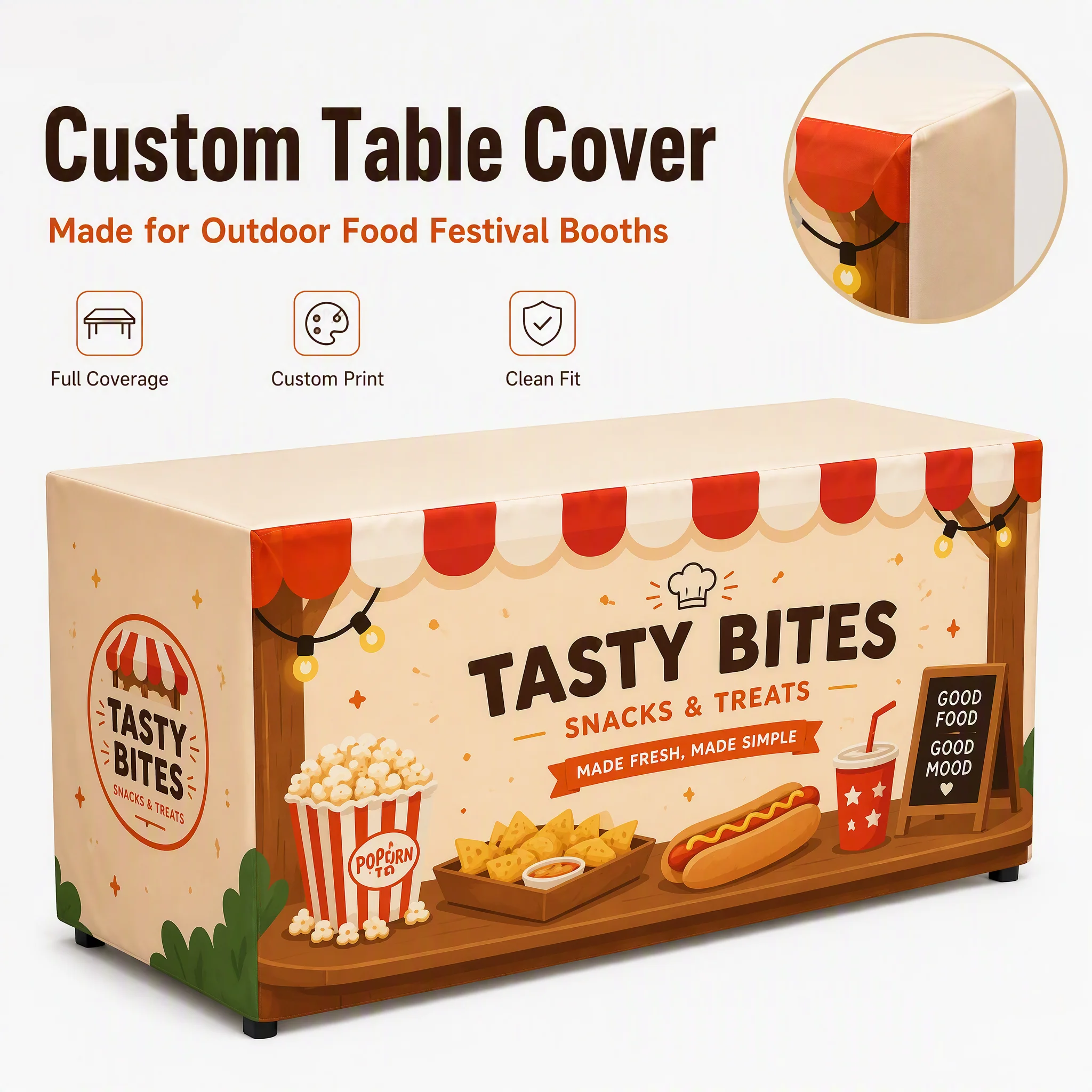 Custom Outdoor Food Vendor Tablecloth Personalized Logo Table Cover for Market Stall Street Food Booth Business Display