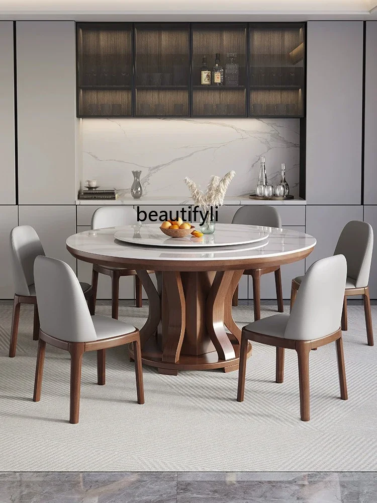 

A13 High-End Stone Plate Dining Tables and Chairs Set Modern Simple Home Light Luxury round Band Turntable Solid Wood Large