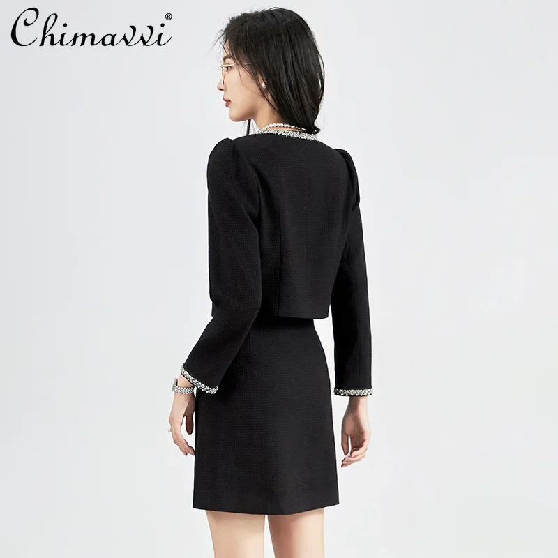 Spring and Autumn New Heavy Industry Beads Long Sleeve Short Jacket High Waist Skinny Skirt Two-piece OL Women's Outfits