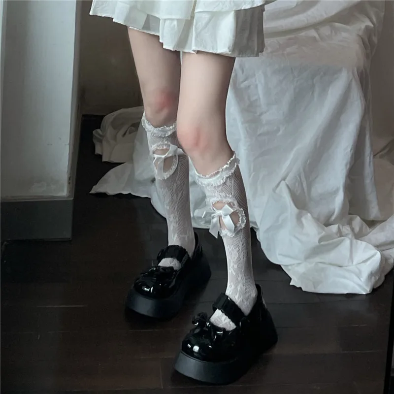 

In Stock Cute Girl Lolita Style Thin Lace Hollow Tie Bow Knot Black and White women Socks