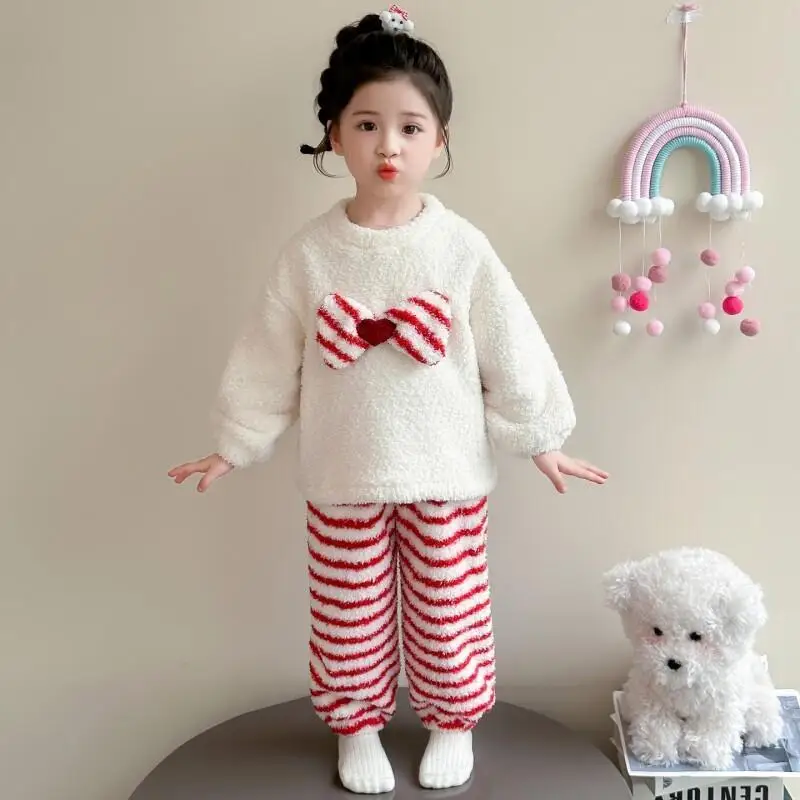 

Пижамный комплект, двусторонний флис для девочек, топы с бантом, брюки в полоску, домашняя одежда, утепленная удобная ночная рубашка, детская одежда