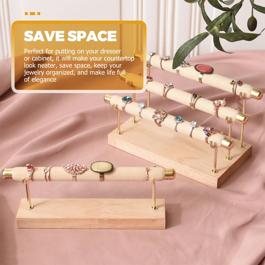 Solid Wood Velvet Ring Holder Display Stand Rack Jewelry Storage Organizer Beige Small Size Large Capacity Scratch Resistant