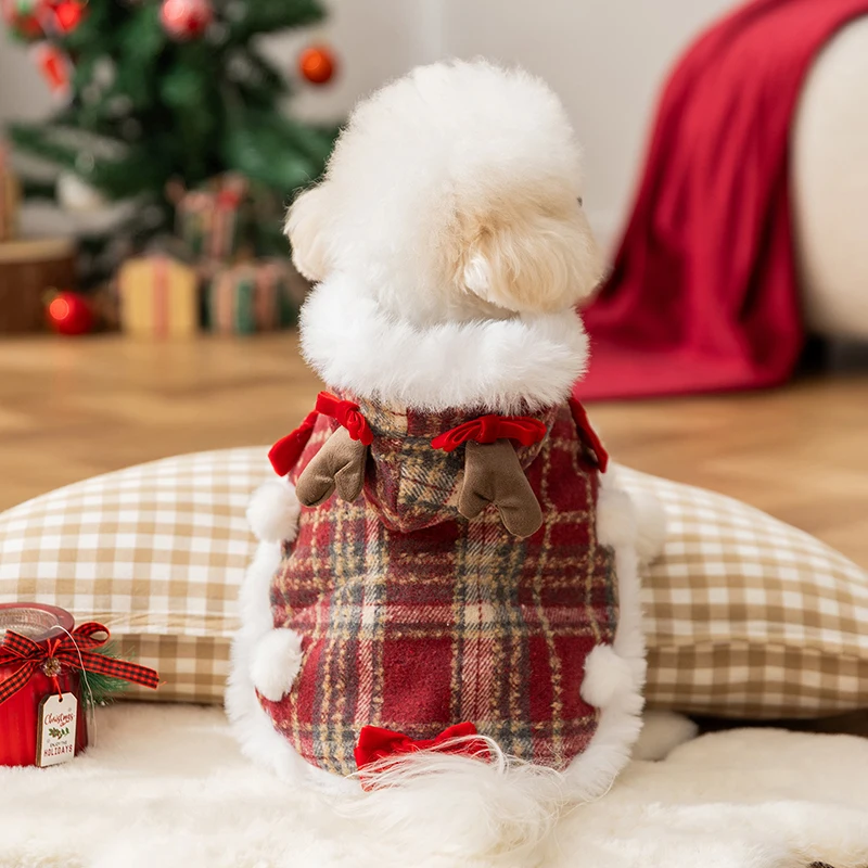 

Winter Warm Christmas Dog Coat Classic Checkered Thickened Pet Jacket Cartoon Cute Design For Teddy Bichon Puppies Pet Jacket
