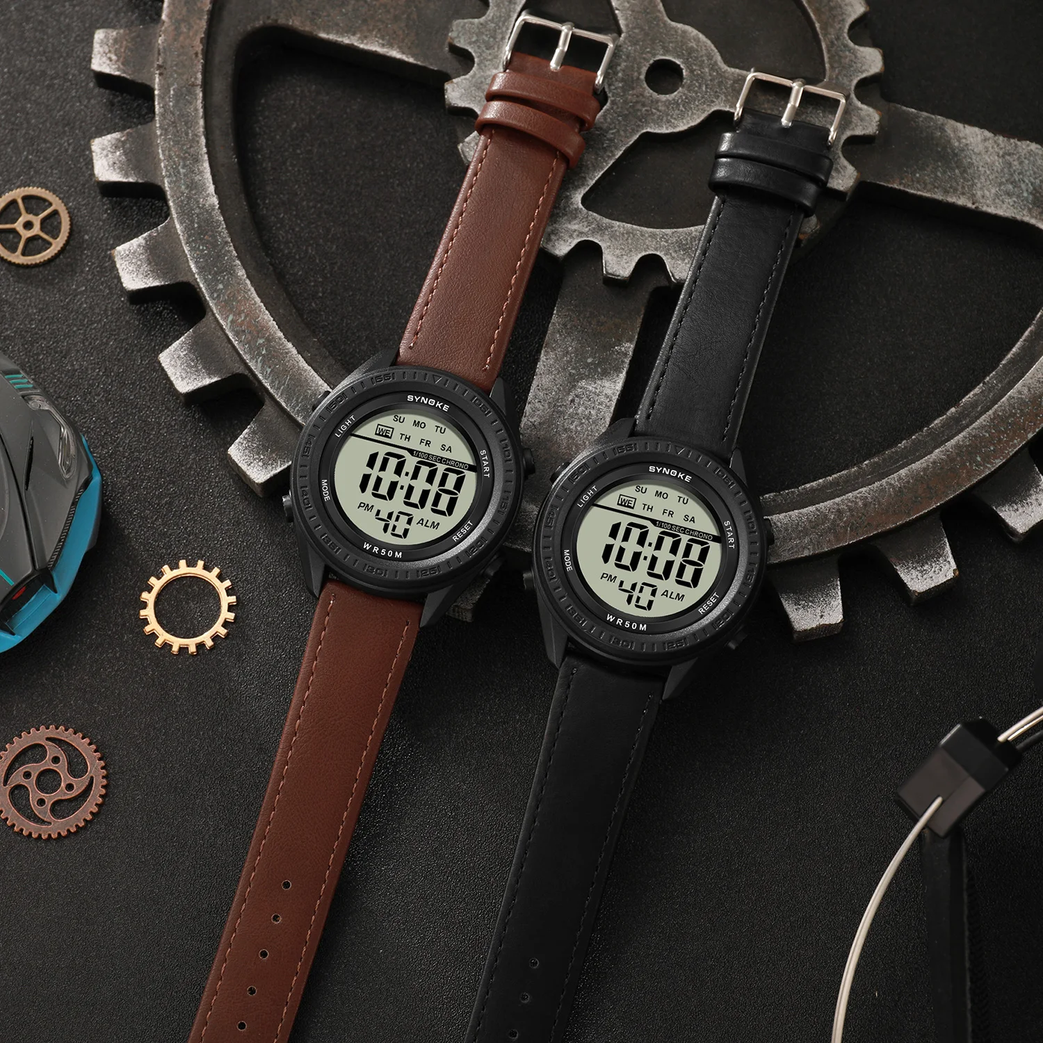 Men's Digital Watch with Leather Strap 50M Waterproof Alarm Clock Multi-function Watch Outdoor Sports Watch