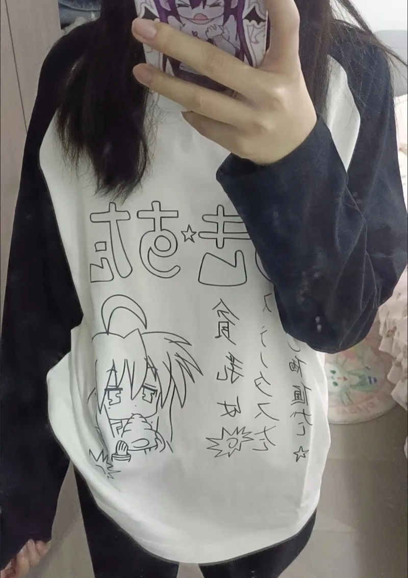 Japanese new fashion Kawaii Anime Raglan Long Sleeve T-Shirt Women Spring/Fall Panda Graphic Print Long Sleeve Top Streetwear