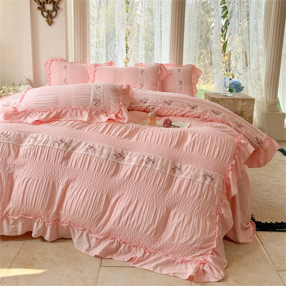 

Korean Style Bed Set Seersucker Flower Embroidery Four Piece Set With Lace Student Dormitory Home Skin Friendly Duvet Cover Set