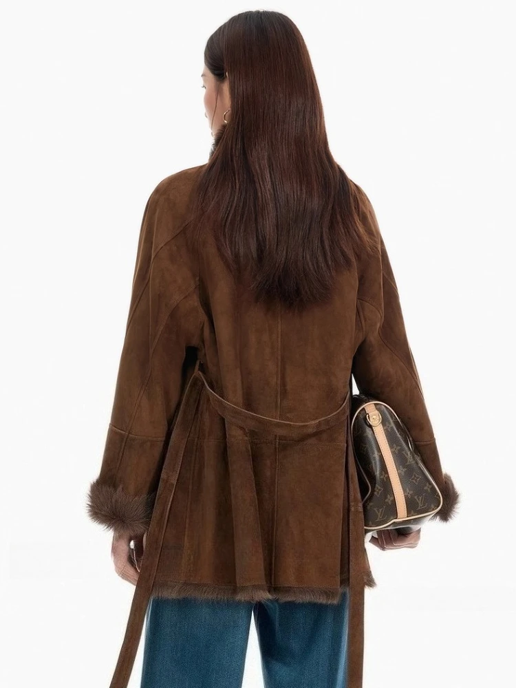 Luksusowe kurtki damskie zamszowe z owczej skóry Toskania, eleganckie, ze stójką, średniej długości, z prawdziwej skóry naturalnej z futrem i paskiem.