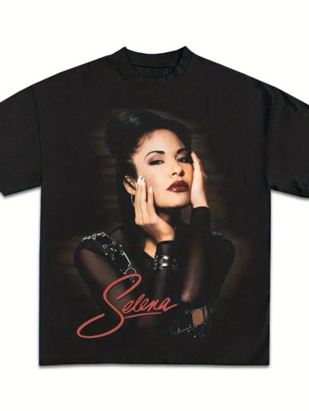 Camiseta de Manga Corta con Cuello Redondo Estilo Bohemio Negro Inspirada en Selena Prez para Hombre, con Retrato Vibrante de Selena Quintanilla para Parejas