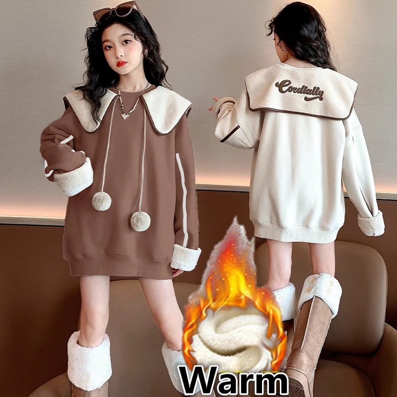 Autumn Winter Children's Insulated Sweatshirt for Teenage Girls Fashion Warm Thermal Tops Kids Turn Down Collar Thick Hoodie