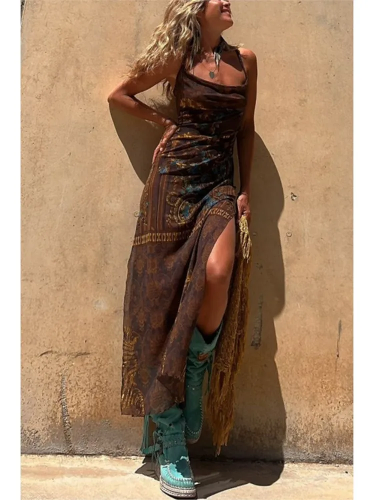 Sexy Backless Lace-up Mesh Dress Women 2024 Summer See-through Spaghetti Strape High Split Vacation Long Dresses Beach Vestidos