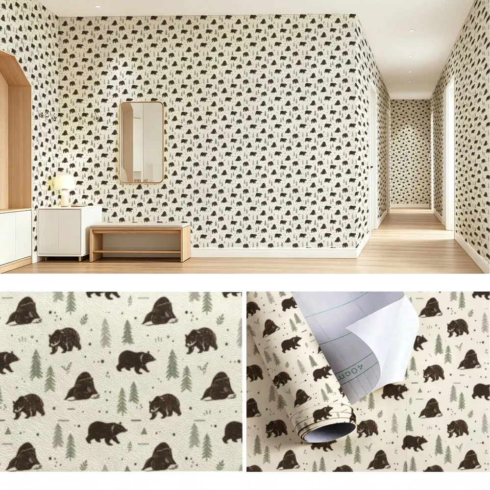 1pc Black Bear Pine Forest Seamless Wallpaper Waterproof PVC Self Adhesive Wall Sticker For Country Style Bedroom Living Room