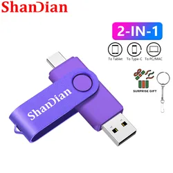 SAHNDIAN new 2in1 TYPE-C + USB 2.0 Black 32GB Pen Drive Purple 64GB Rotatable Memory stick 16GB 8GB Flash Drive Gifts Key Chain