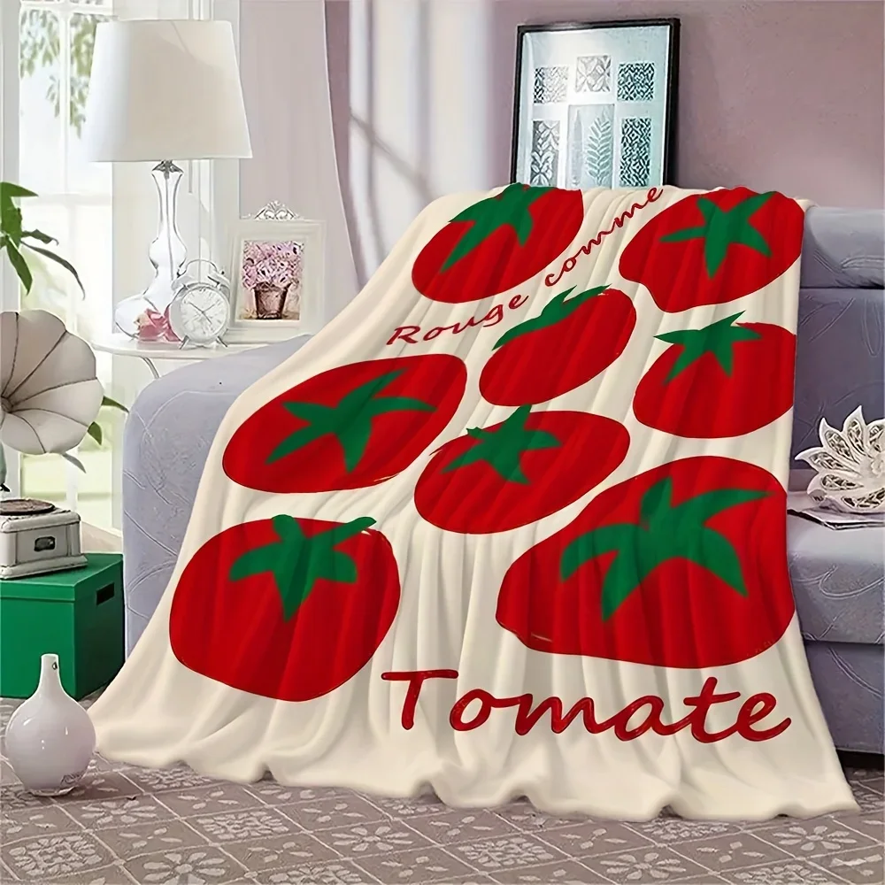 [JIT]Flannel Throw Blanket, 1pc, Drawing Tomatoes on White Background, Suitable for Bed, Sofa, 0ffice, Car, for All Seasons, Cam