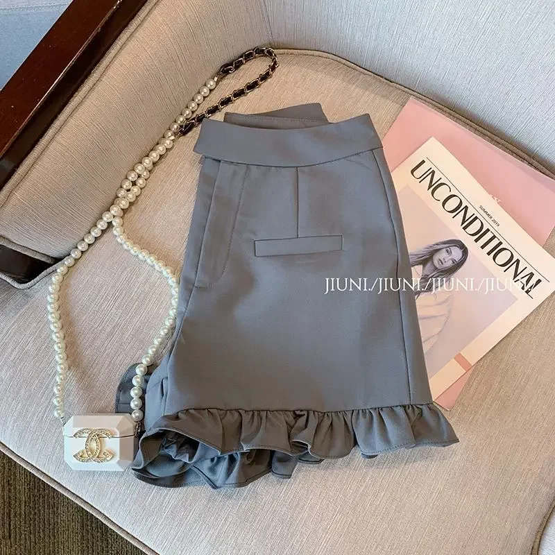 Grey Ruffles Casual Shorts 2025 Summer New Fashion All-match Solid Color High Waist Straight Women Clothes Slim Simplicity Pants