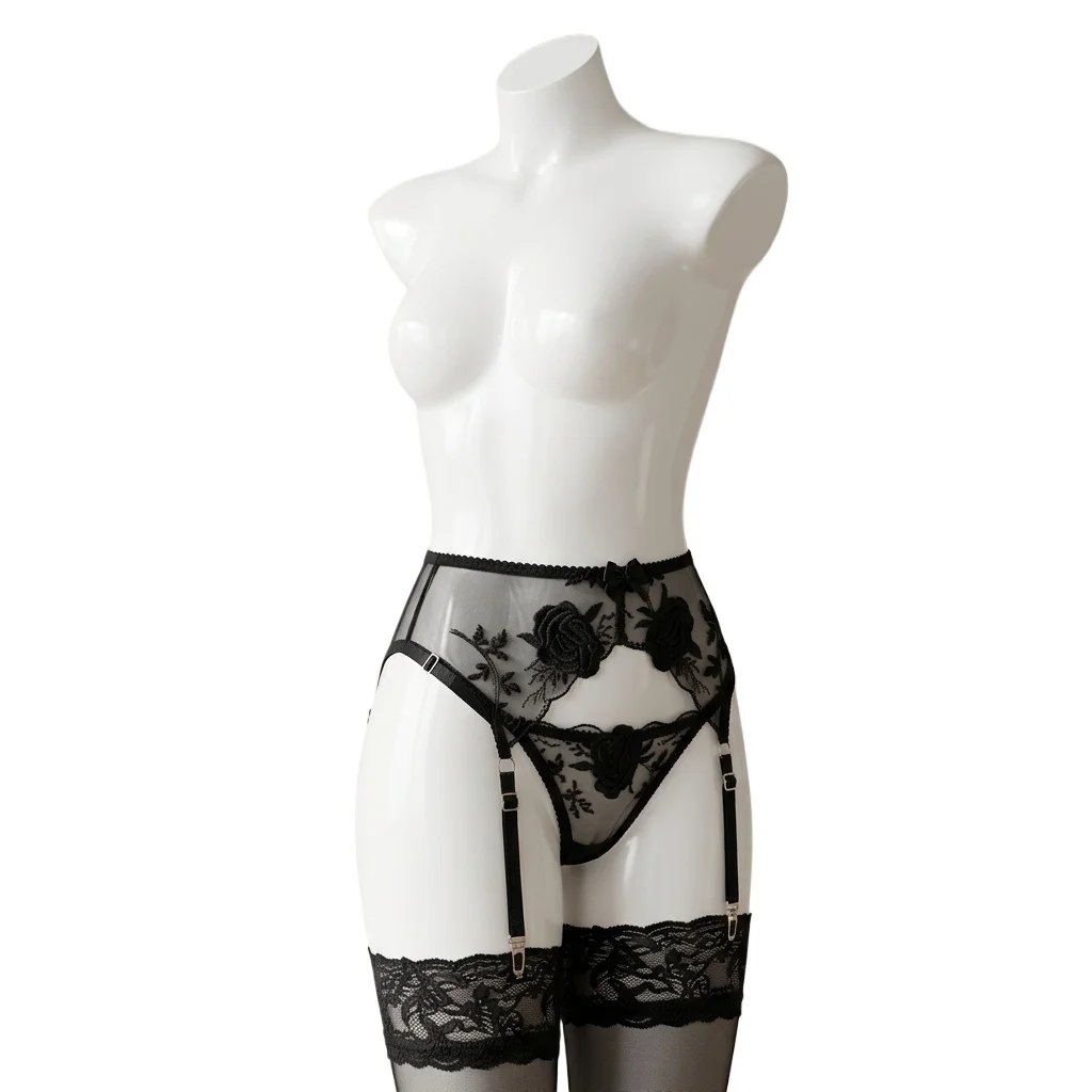 Women's  Embroidered Floral Garter Belt and Panty Set, High Waist Lace Suspender Belt with Adjustable Clips for Bridal