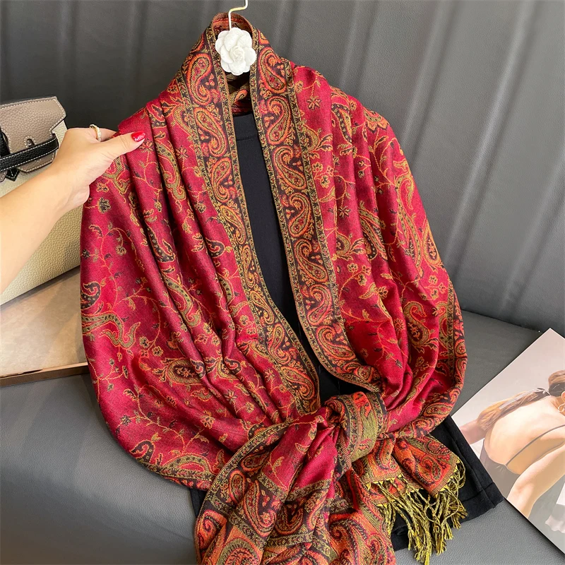 ผ้าพันคอฮิญาบ Pashmina Bohemia ผ้าคลุมไหล่แคชเมียร์มุสลิมยาวผ้าพันศีรษะผ้าโพกศีรษะเนื้อนุ่มผ้าพันหัวสำหรับผู้หญิงแบรนด์หรู