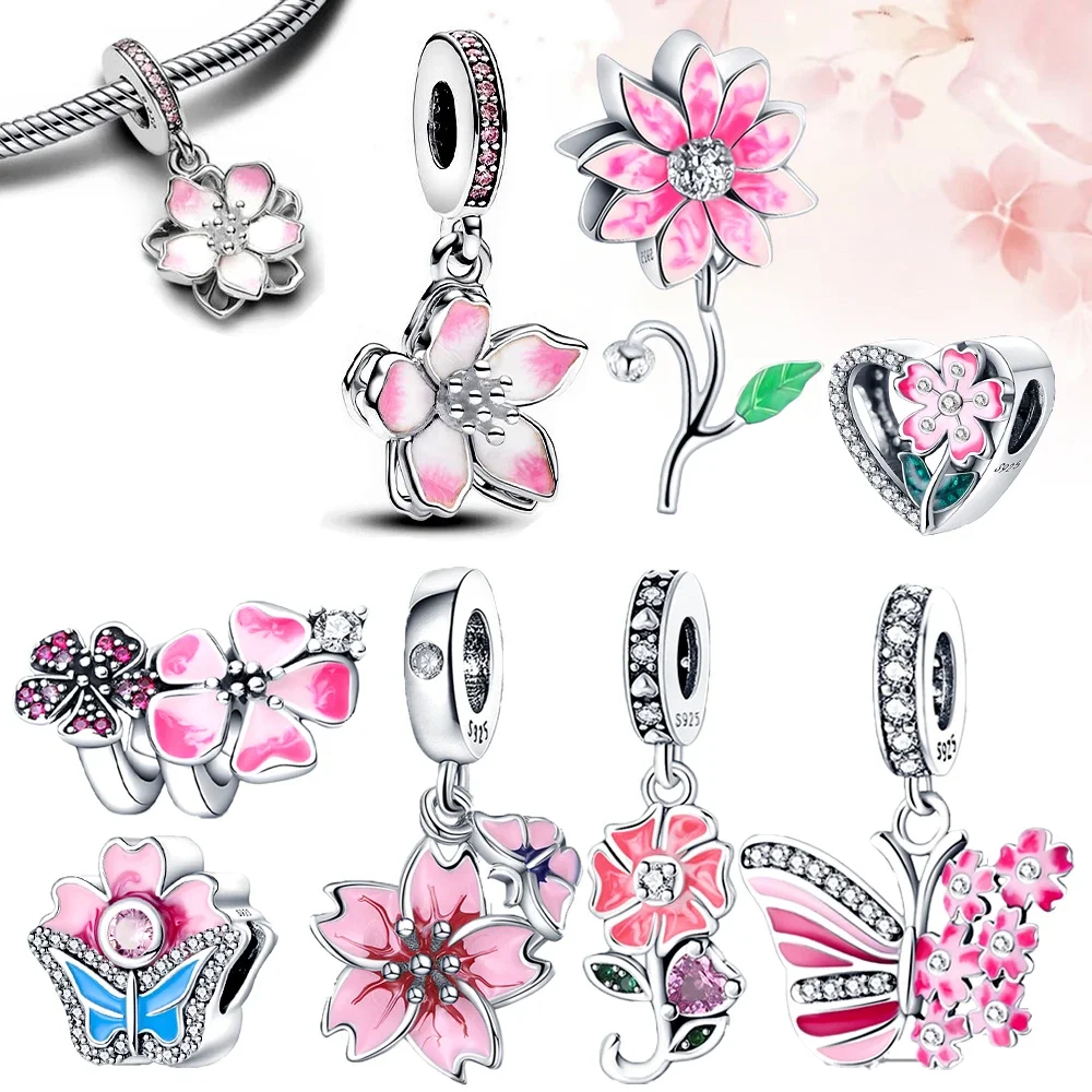 Charms aus Sterlingsilber 925, Kirschblüten-Serie, Blumen, passend für Original-Damenarmbänder, DIY-Herstellung von edlen Schmuckgeschenken