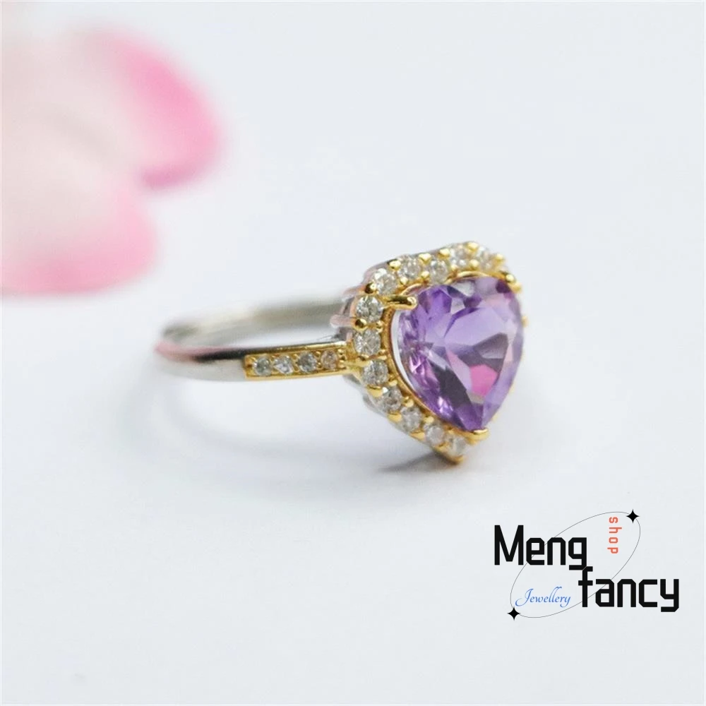 Natural S925 Silver Amethyst Cordate Exquisite Elegant Adjustable Ring Exquisite High-grade Couple Promise Fashion Fine Jewelry