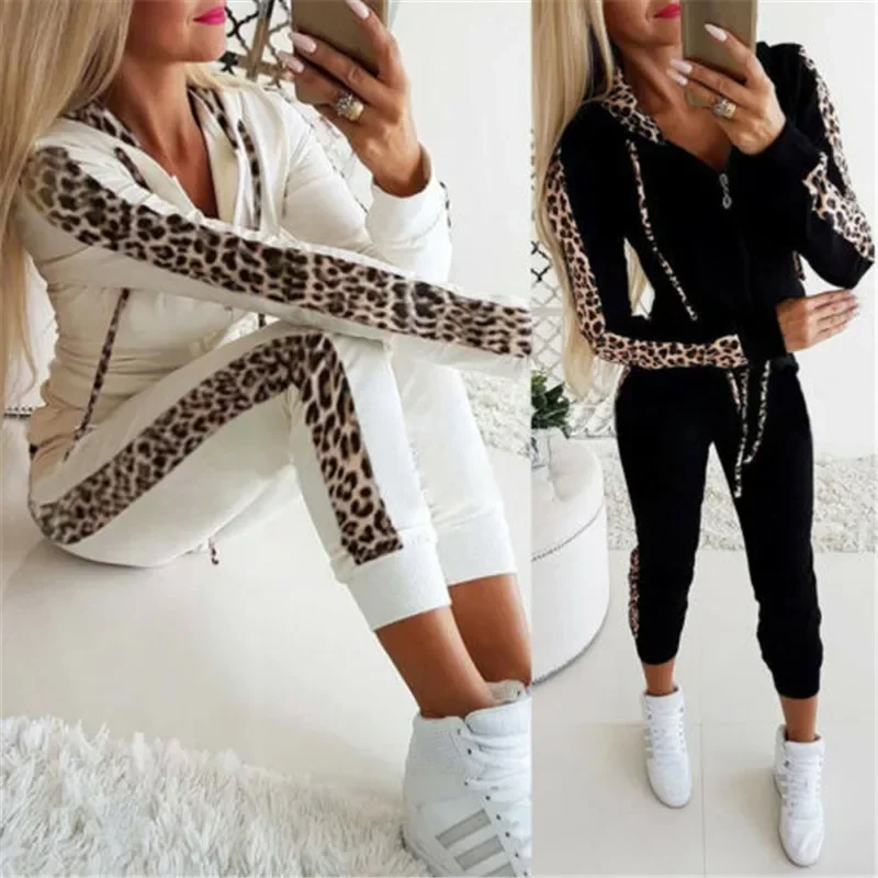 Autumn Women Women Sets Ladies Sports Jogging SuitsTracksuits Set Leopard Print Hoodies Sweatshirt Crop Tops Long Pants