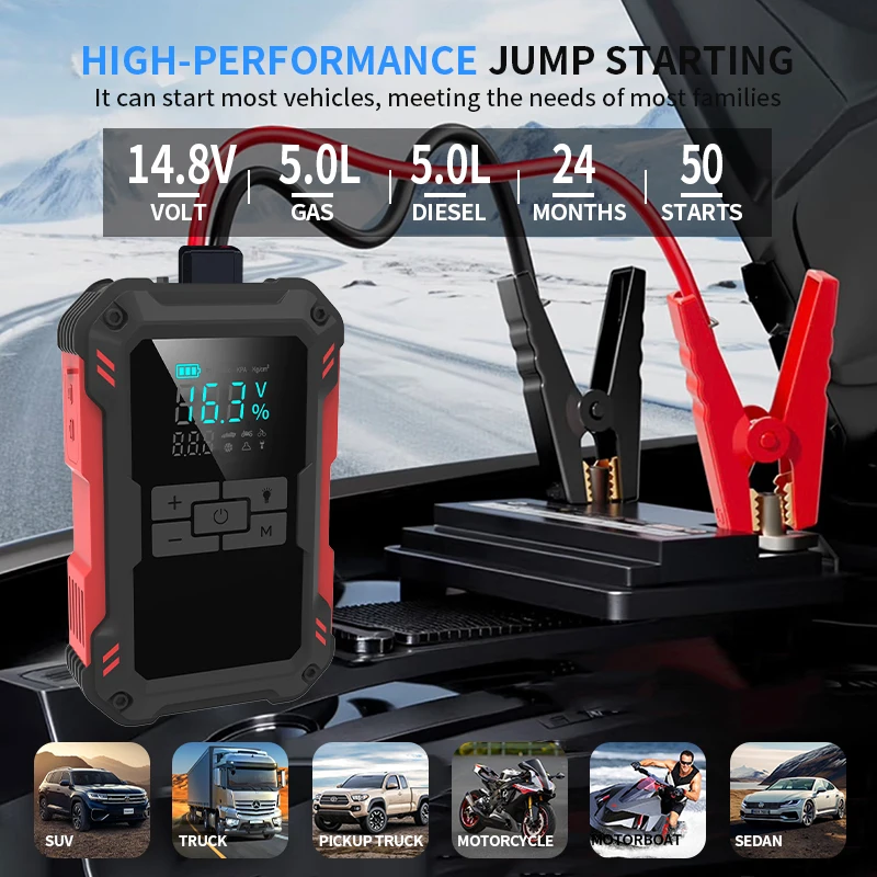 

Портативный автомобильный стартер с воздушным компрессором Power Bank Автомобильный аварийный запуск Блок питания Воздушный насос