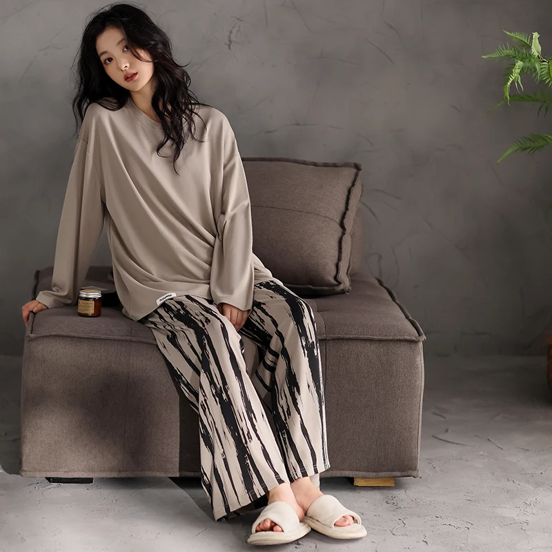 

Full Pure Cotton Women Pajamas Sets With Chest Pad Fashion Print Lady Sleepwear Women's Pijamas Suit Home Clothes Pyjamas Femme