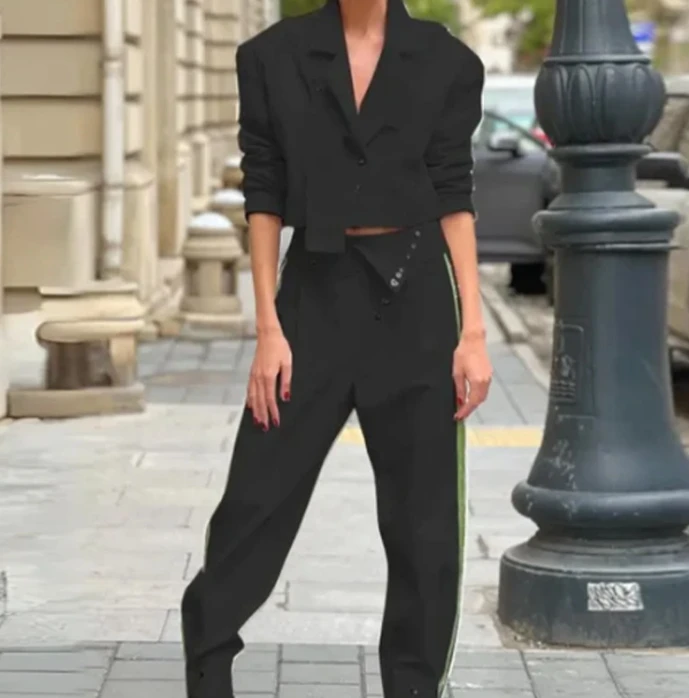 Two Piece Sets for Women 2024 Spring Fashion Button Decor Turndown Collar Long Sleeved Short Suit Top & Temperament Pants Set