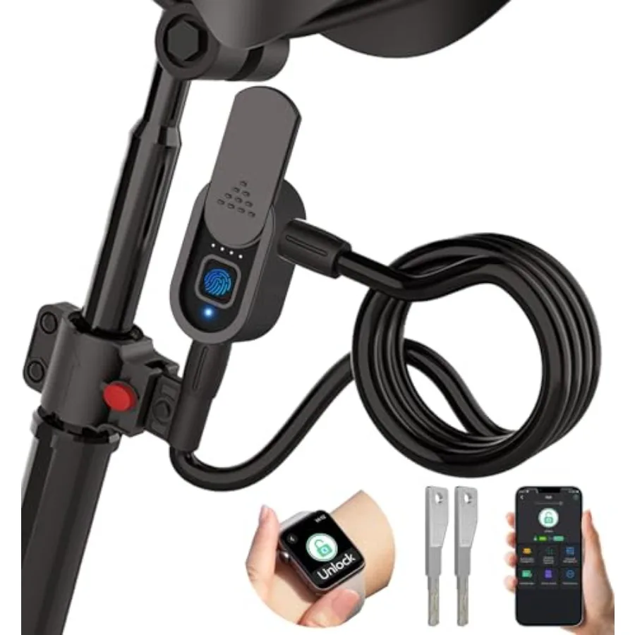 Fingerprint Bike Lock with Key, Heavy Duty Anti-Theft Weatherproof Keyless Bluetooth App Biometric Smart Cable Lock for Bicycle