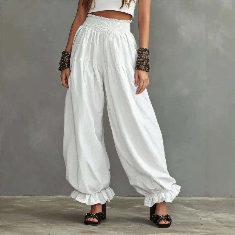 Summer Women High Waist Ruffle Hem Harem Pants Elastic Waist Loose Baggy Vacation Casual Wide Leg Lantern Trousers Pants Female