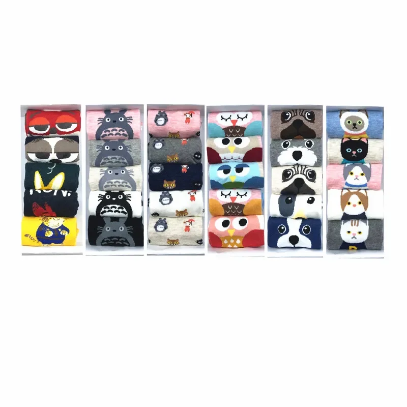 MYORED 5 pairs/lot women socks cotton cartoon funny invisible socks cute animal woman socks lovely fox owl sock slippers NO BOX