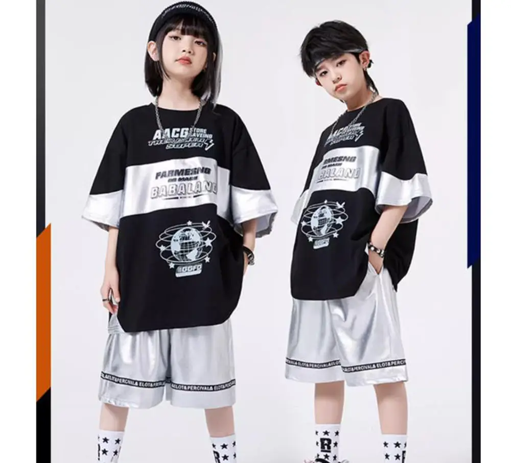Girls Shiny Silver High-tech Hip Hop Crop Top with Street Dance Skirt And Jazz Shorts - K-pop Inspired Child Group Streetwear
