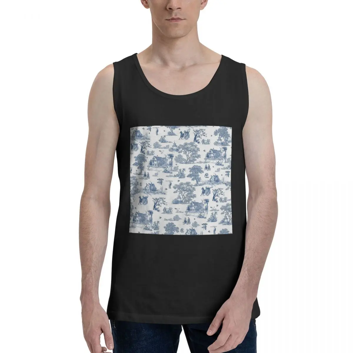 Toile De Jouy French Motif 100% Cotton Men's Sweatshirt Vest Sleeveless Clothing Tees Men Tank Tops T-shirt