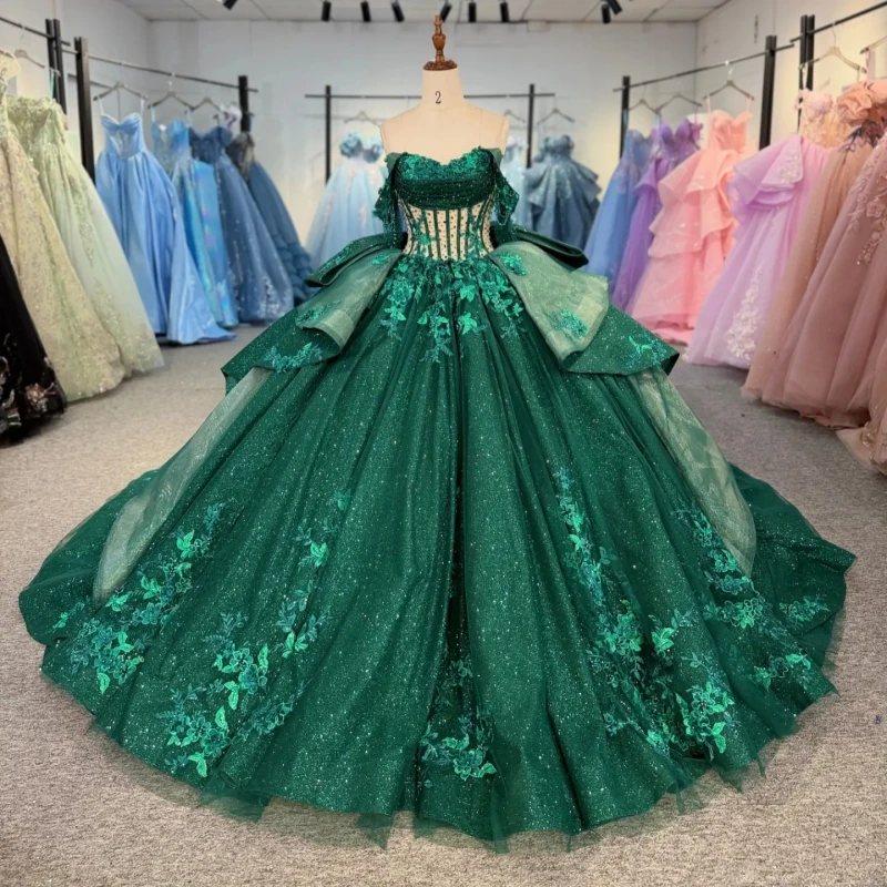 Dark Green Glitter Quinceanera Dresses Off Shoulder Ball Gown Sweet 16 Dress Applique Lace Beading Crystal Bow Tull Corset Birth