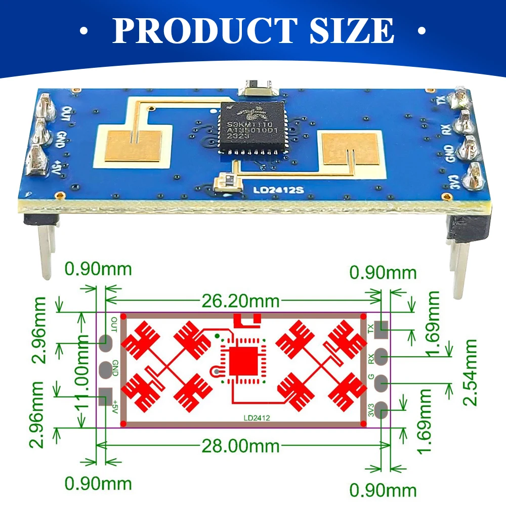LD2412 Human Presence Sensing Radar Module Sensor 9M GPIO UART Output 7PIN 24GHz ISM Frequency Sensitive Body Moving Sensors